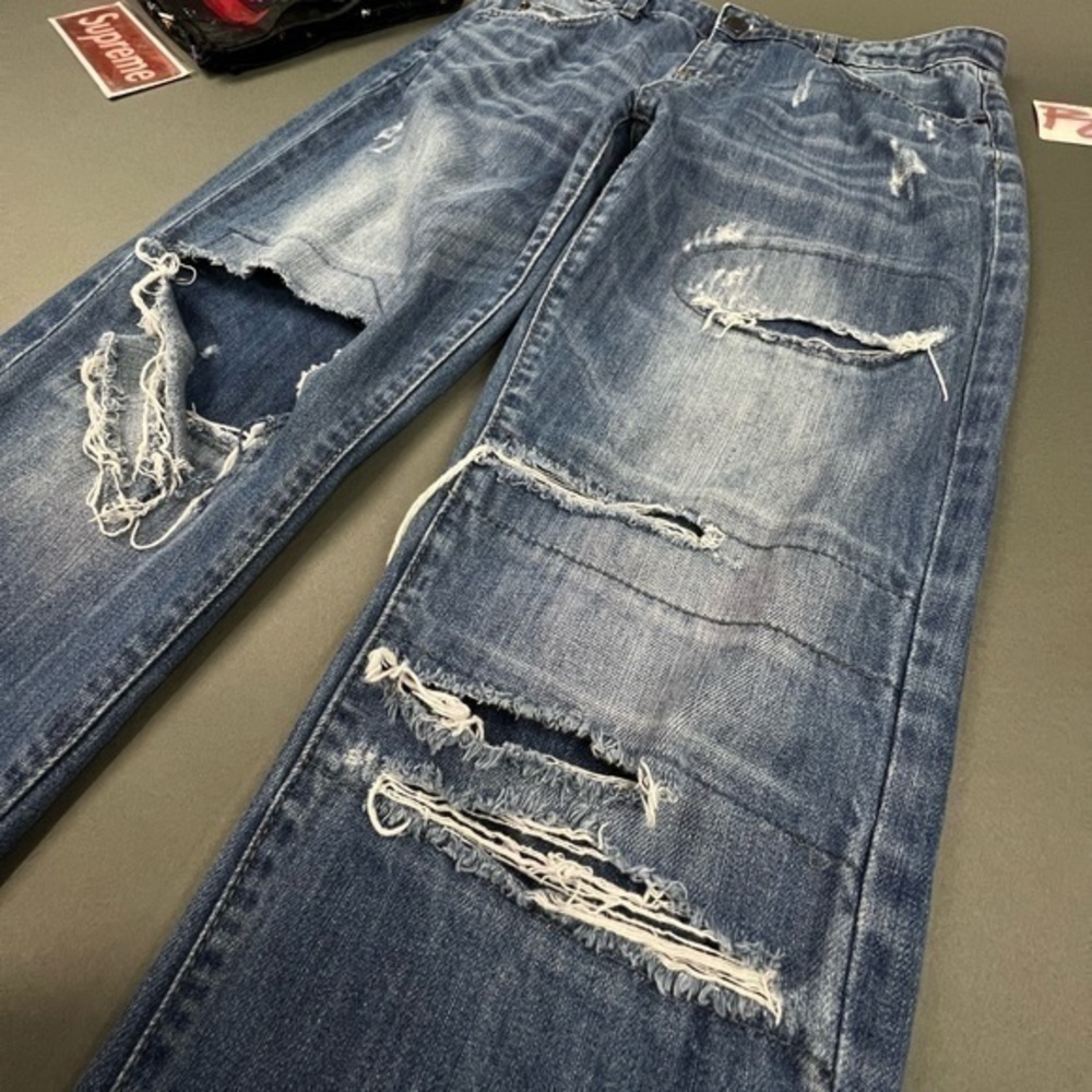 Thrashed Hige Faded Designer Denim Blue Ripped Jeans Stitching and Patchwork 💎 - Picture 6 of 16